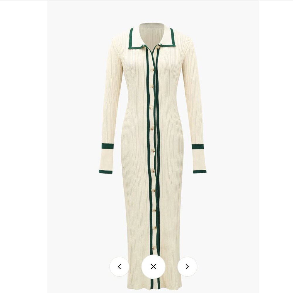 MICAS Cream Long Sleeve Contrast Trim Button Down Knitted Dress Size Large